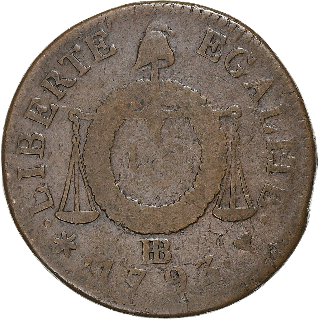 France, Sol à la balance Françoise, 1793 / AN II, Strasbourg, Cuivre, TB