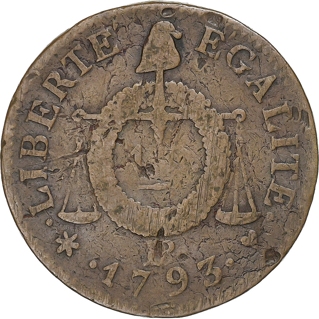 Francia, Sol à la balance Françoise, 1793 / AN II, Strasbourg, Cobre, BC+