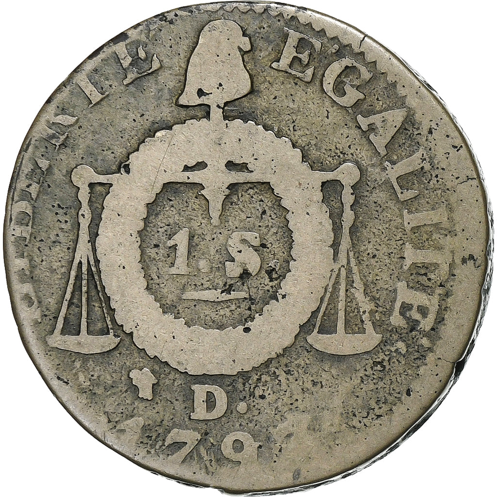 France, Sol à la balance Françoise, 1793 / AN II, Dijon, Métal de cloche