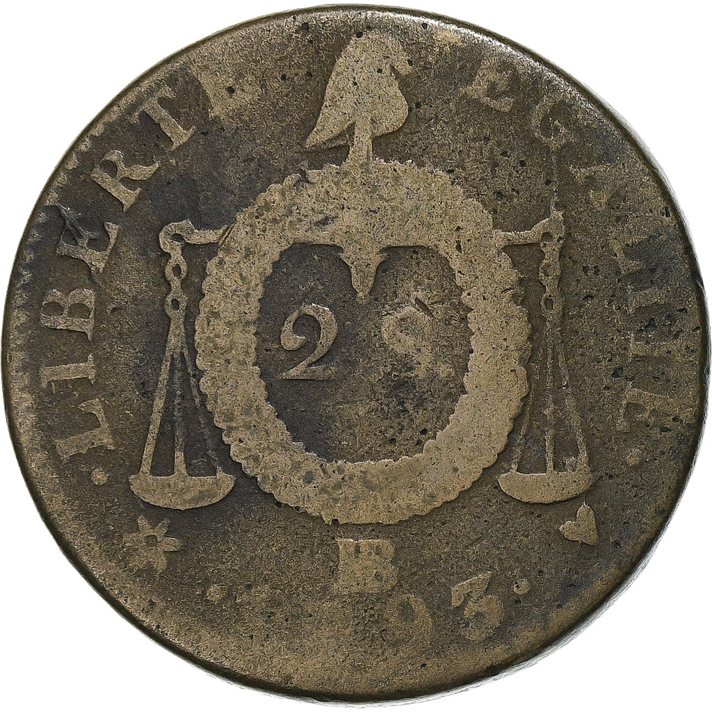 France, 2 sols à la Balance, 1793 / AN II, Strasbourg, Copper, F(12-15)