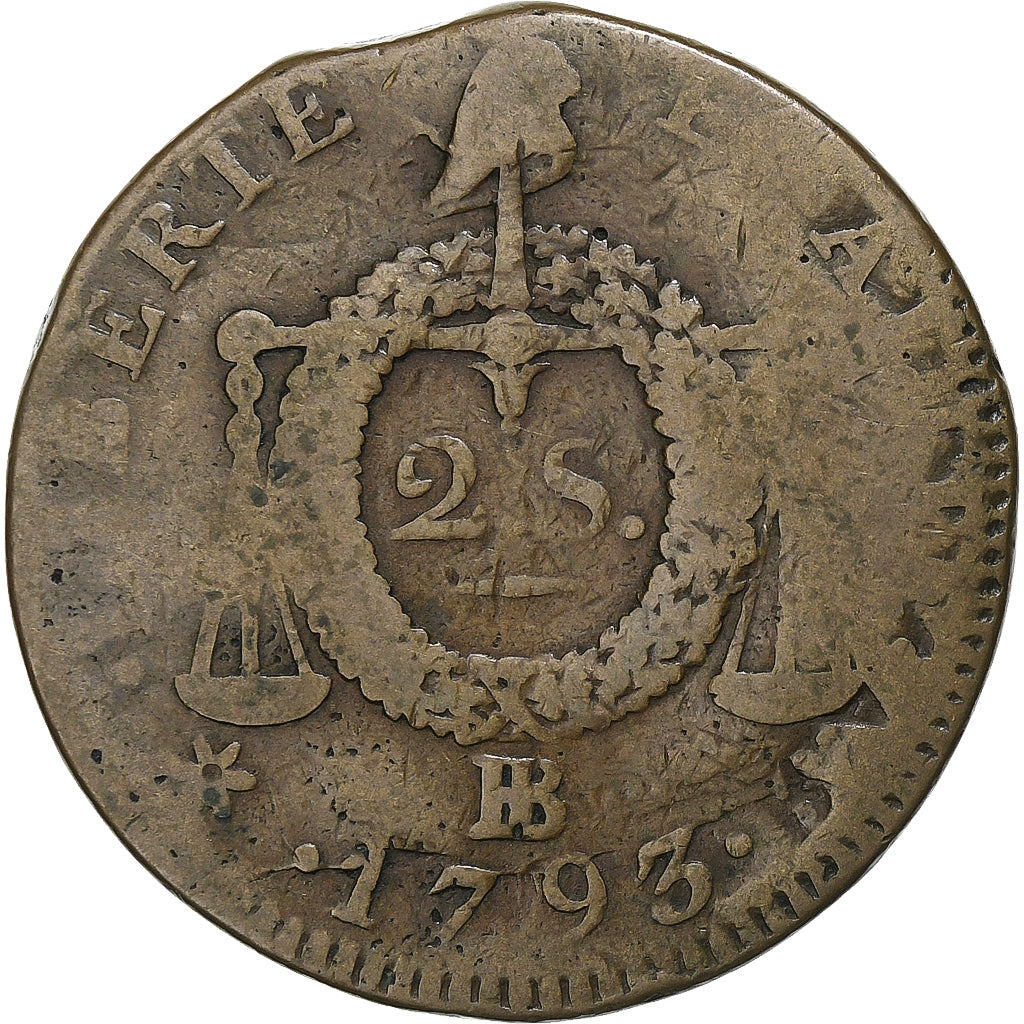 Frankreich, 2 sols à la Balance, 1793 / AN II, Strasbourg, Kupfer, S