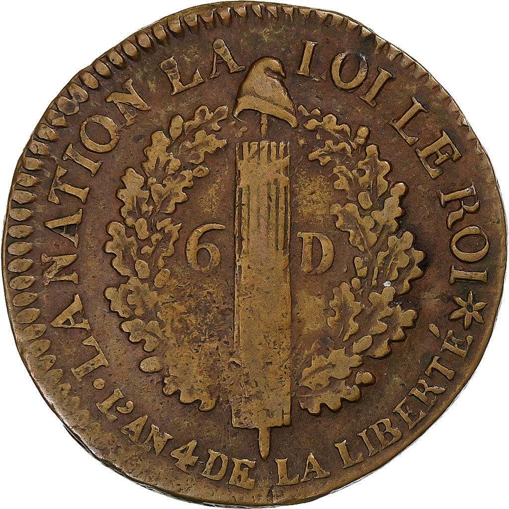France, Louis XVI, 6 deniers français, 1792 / AN 4, Strasbourg, Cuivre, TB+
