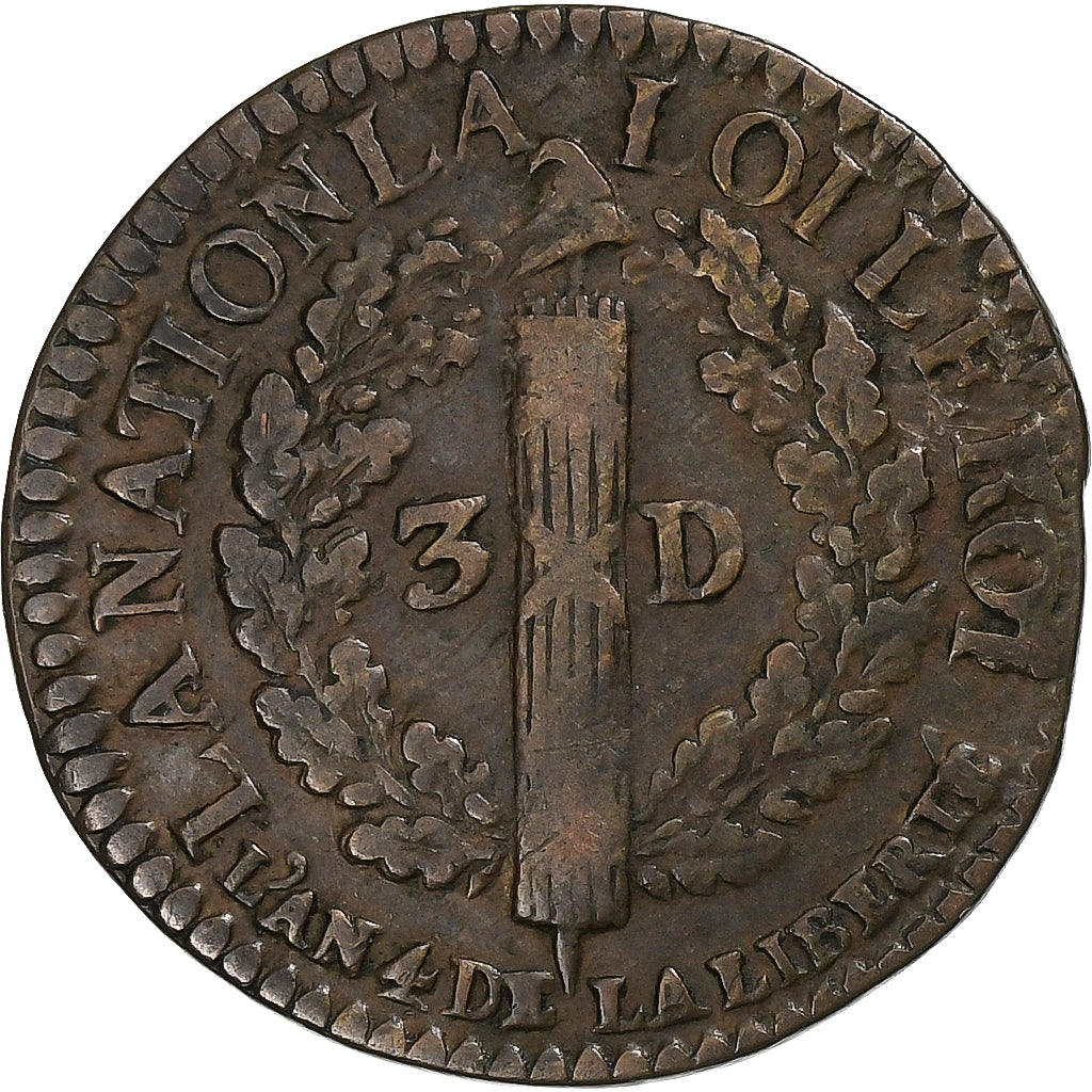 Frankreich, Louis XVI, 3 Deniers françois, 1792 / AN 4, Lyon, DL, Kupfer, SS