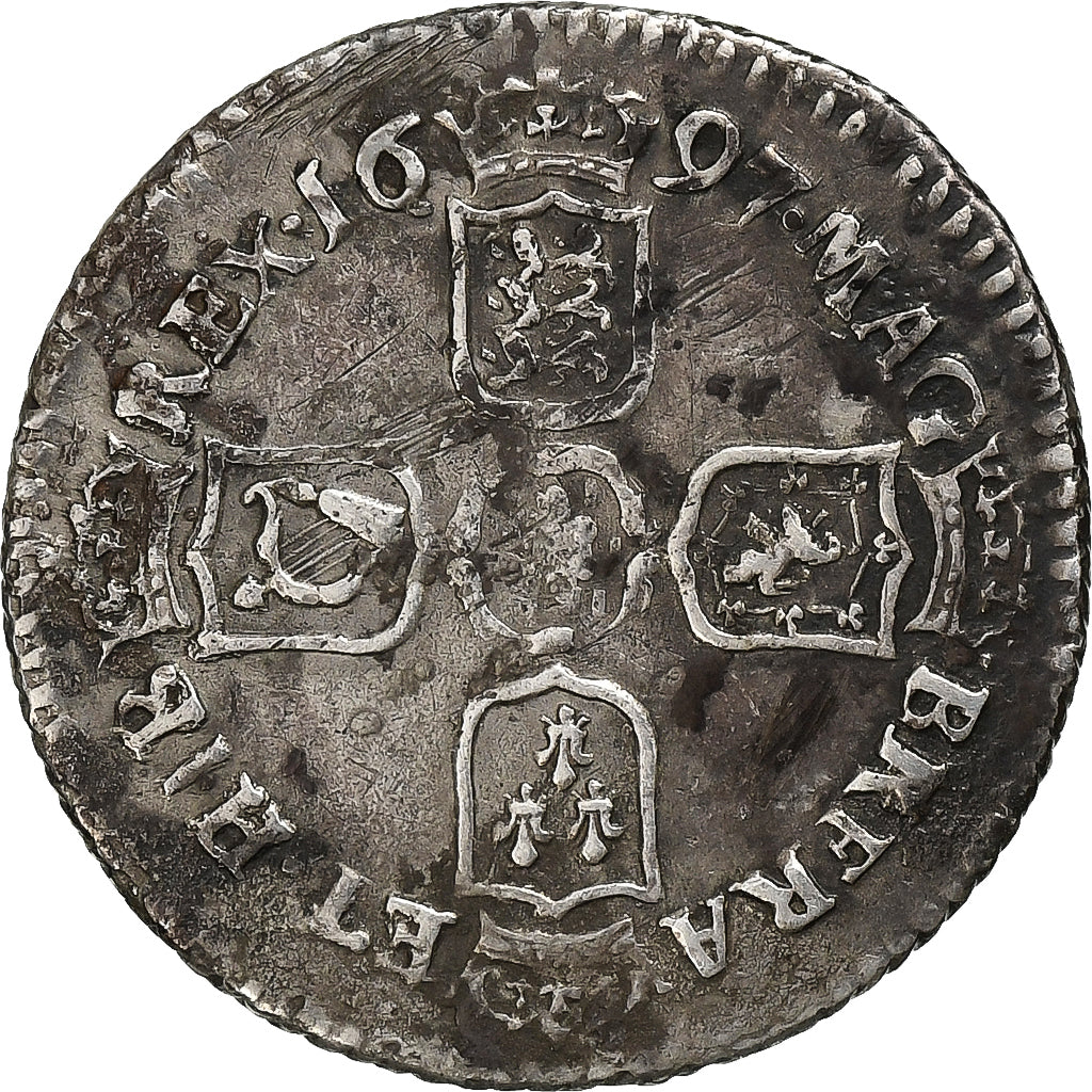 Kingdom of England, William III, 6 Pence, 1697, London, GVLIEMVS, Plata, BC+