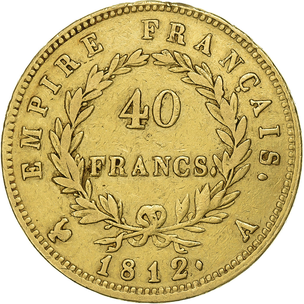 França, Napoleon I, 40 Francs, 1812, Paris, Revers Empire, Dourado, VF(30-35)