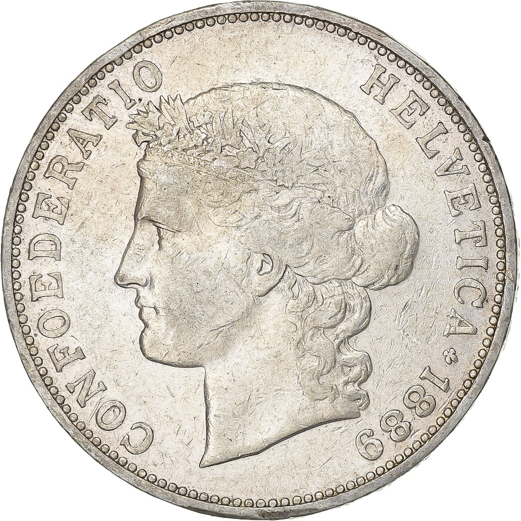 Svizzera, 5 Francs, Helvetia, 1889, Bern, Argento, BB, KM:34