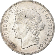 Svizzera, 5 Francs, Helvetia, 1907, Bern, Argento, BB, KM:34