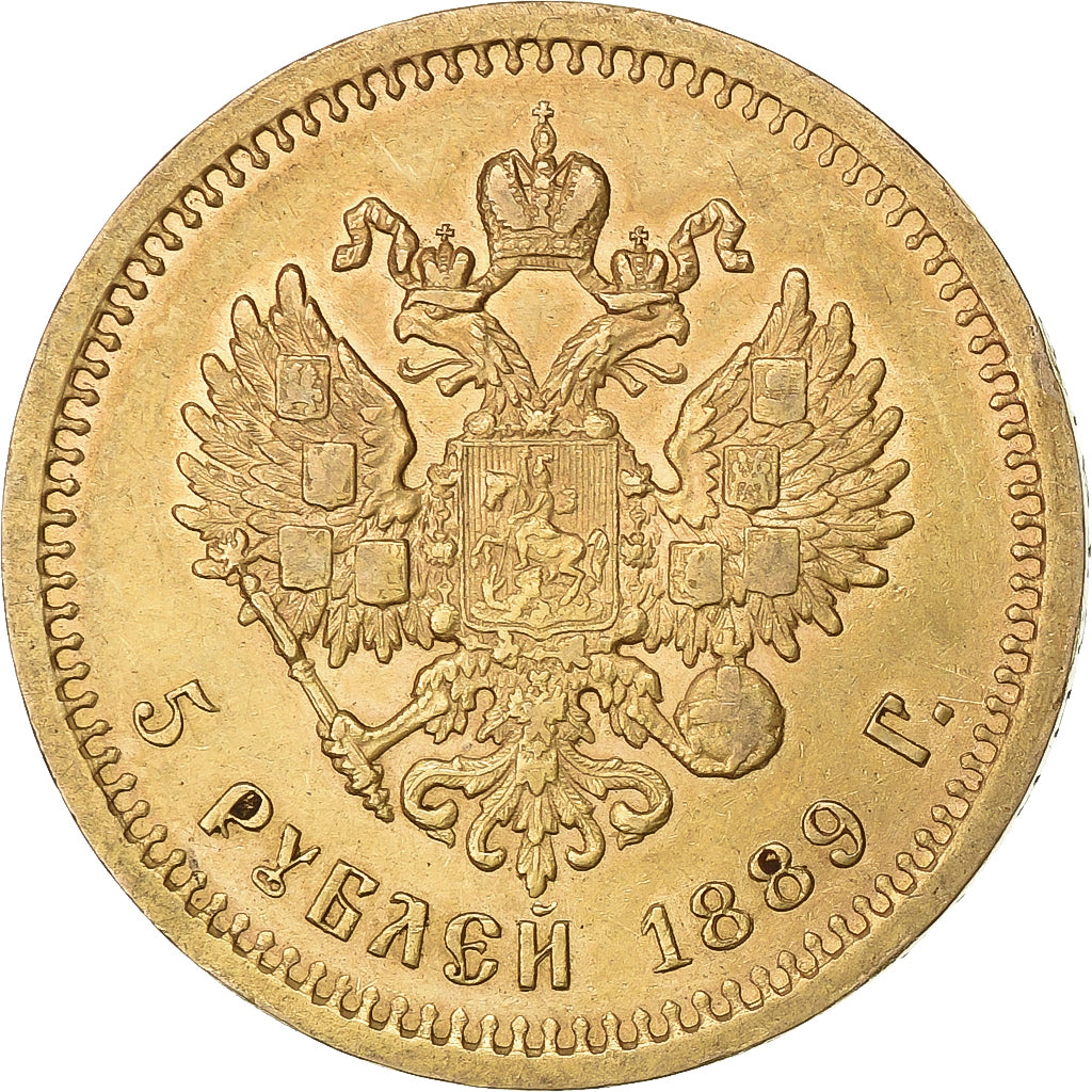 Russland, Alexander III, 5 Roubles, 1889, Saint Petersburg, Gold, SS, KM:42