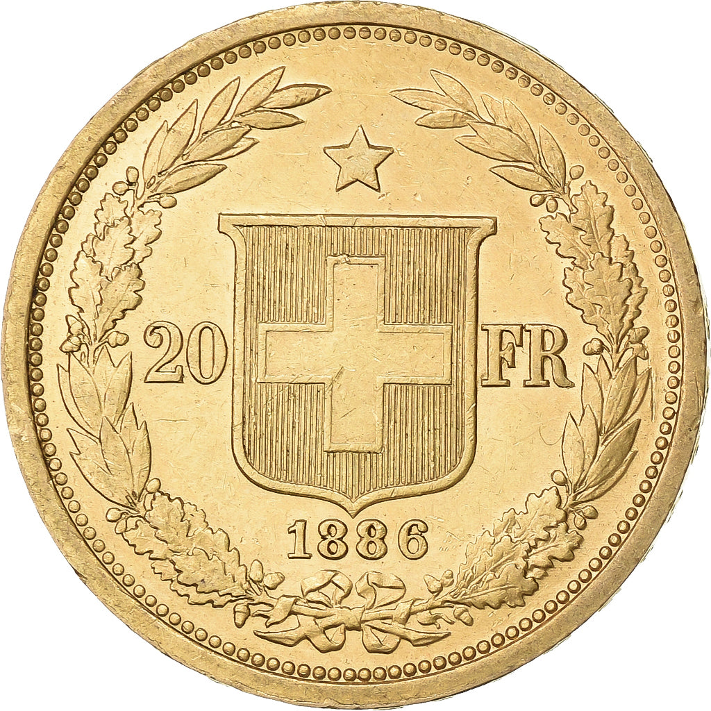 Suiza, 20 Francs, Helvetia, 1886, Bern, Oro, MBC+, KM:31.3