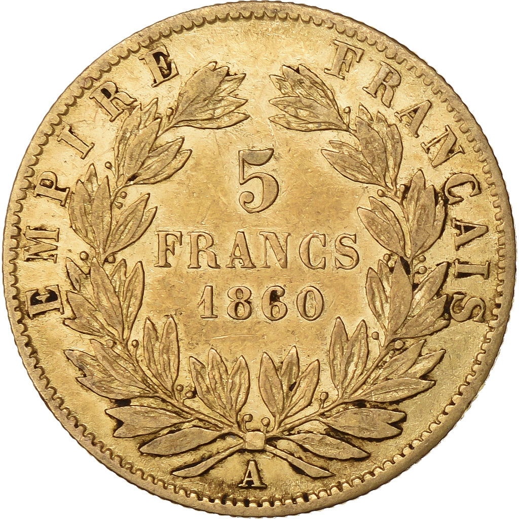 Francia, Napoleon III, 5 Francs, 1860, Paris, Oro, MB+, KM:787.1