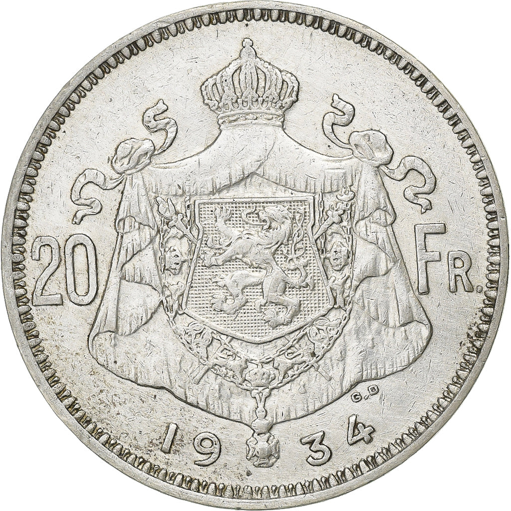 Belgium, Albert I, 20 Francs, 1934, Brussels, Silver, AU(50-53), KM:104