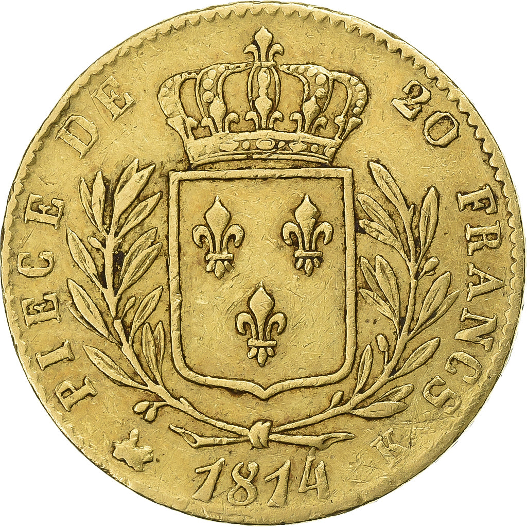 Francia, Louis XVIII, 20 Francs, 1814, Bordeaux, Oro, BB, KM:706.1