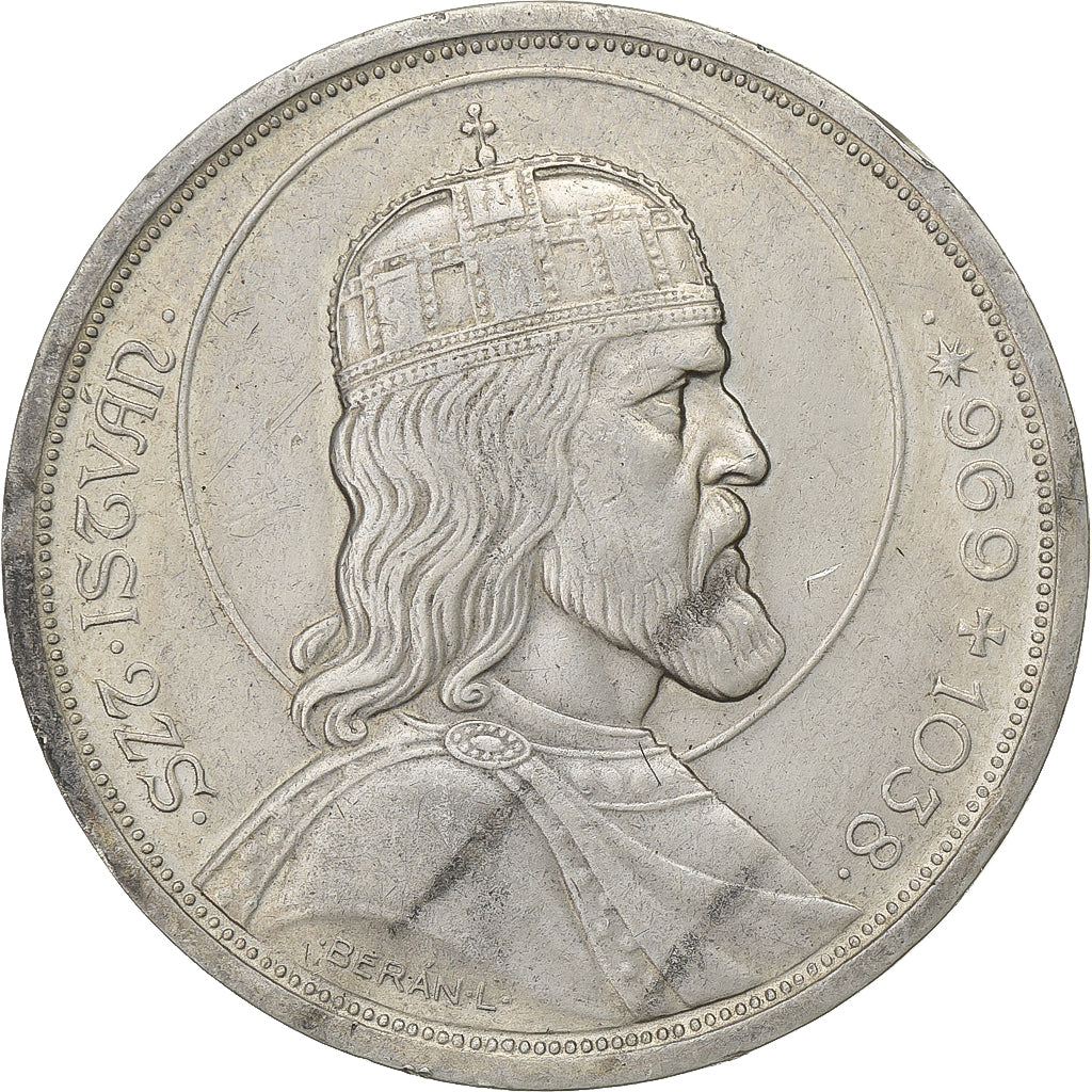 Hungary, 5 Pengö, 1938, Budapest, St. Stephan, Silver, AU(50-53), KM:516