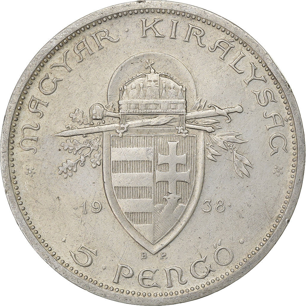 Hungary, 5 Pengö, 1938, Budapest, St. Stephan, Silver, AU(50-53), KM:516