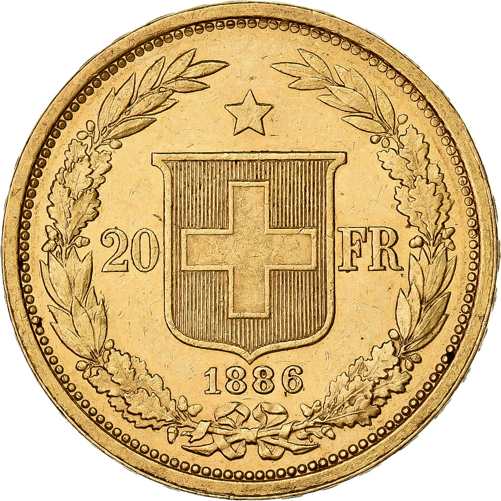 Suiza, 20 Francs, Helvetia, 1886, Bern, Oro, MBC+, KM:31.3