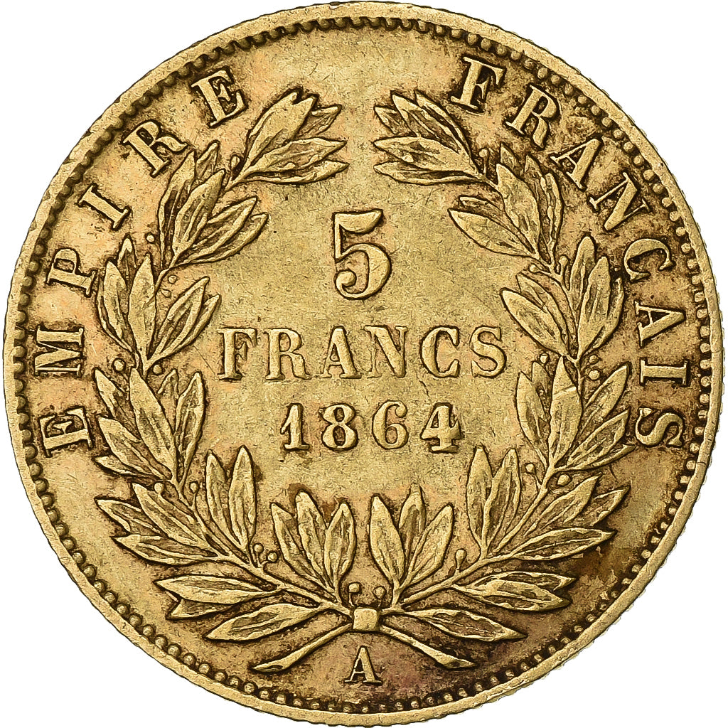 Francia, Napoleon III, 5 Francs, 1864, Paris, Oro, BC+, Gadoury:1002, KM:803.1