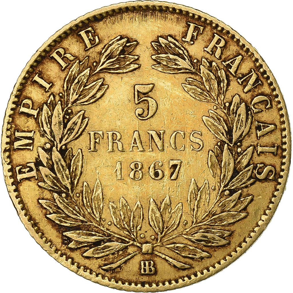 França, Napoleon III, 5 Francs, 1867, Strasbourg, Dourado, VF(30-35)