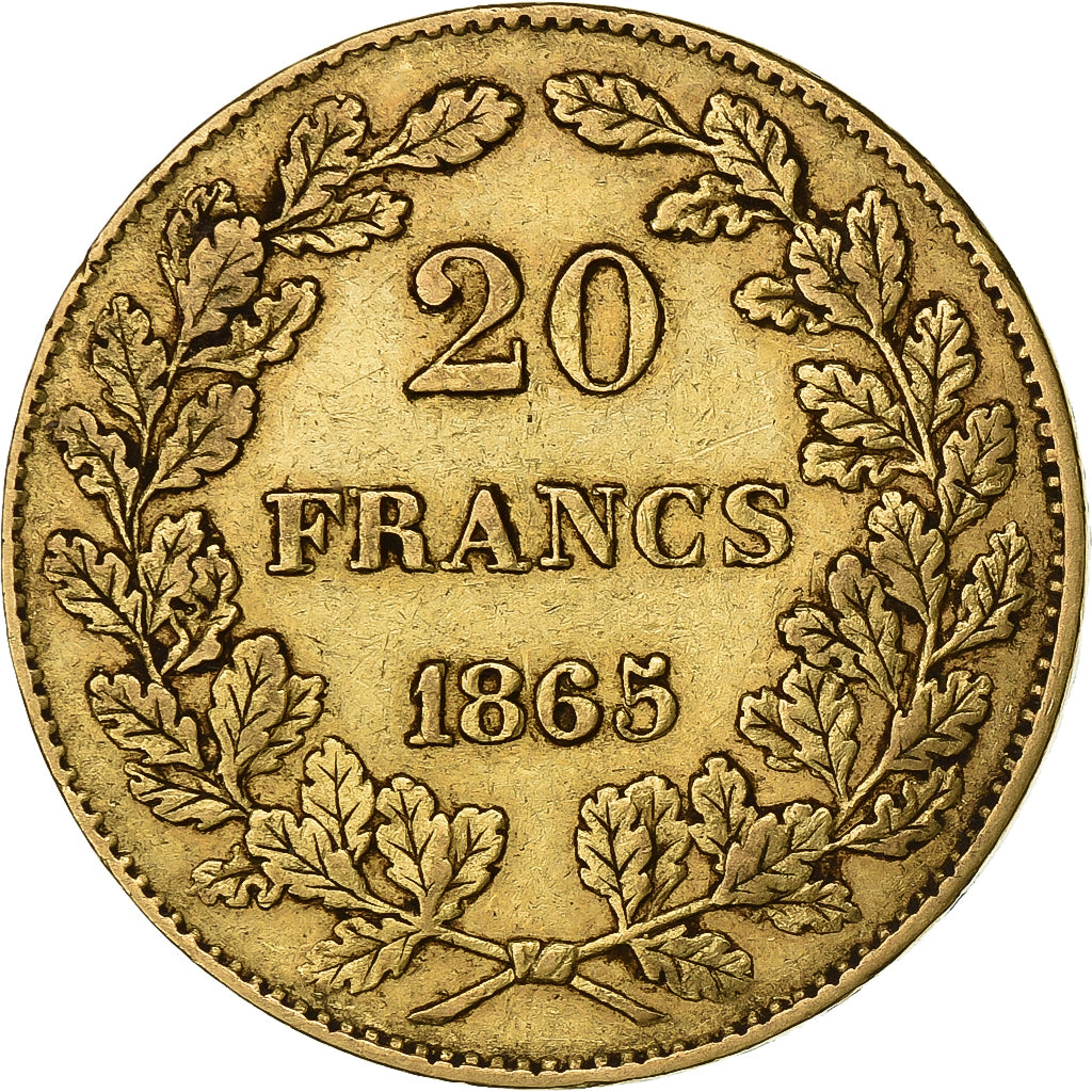 Belgium, Leopold I, 20 Francs, 1865, Brussels, Position A, Gold, AU(50-53)
