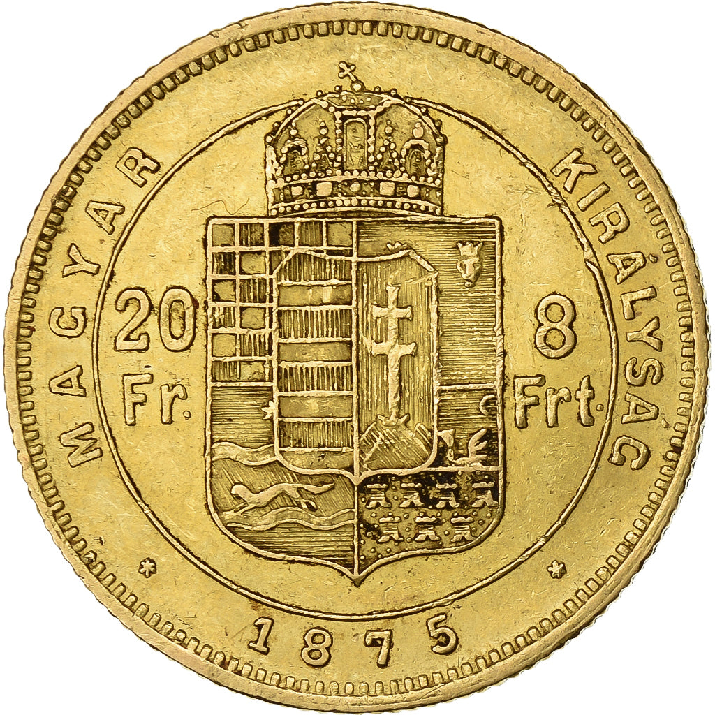Hungary, Franz Joseph I, 8 Forint 20 Francs, 1875, Kremnica, Gold, AU(55-58)