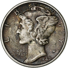 United States, Dime, Mercury, 1942, San Francisco, Silver, AU(50-53), KM:140