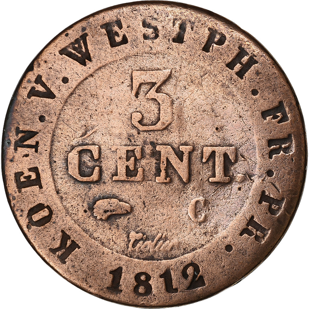 Kingdom of Westphalia, Jérôme Bonaparte, 3 Cents, 1812, Kassel, Copper