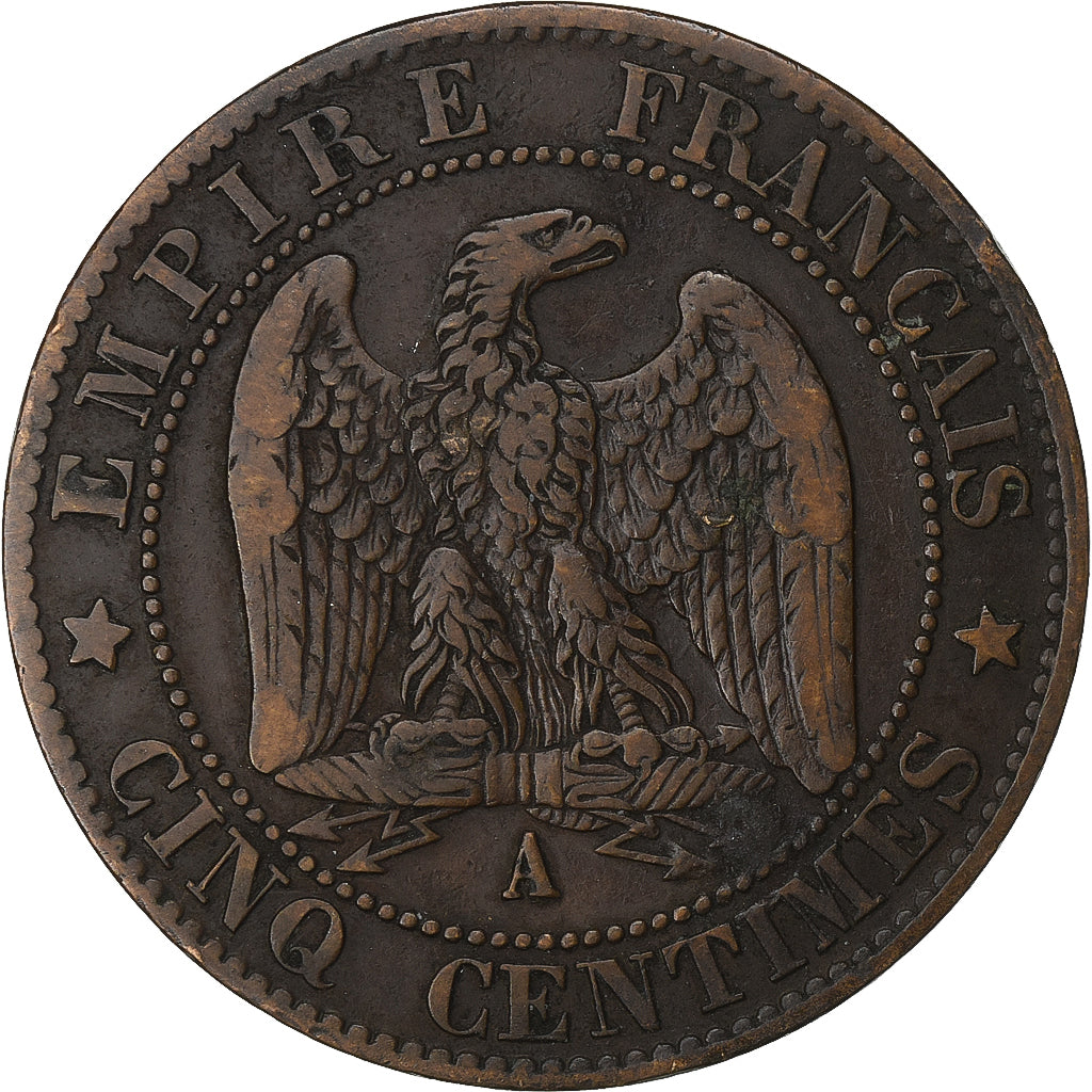França, Napoleon III, 5 Centimes, 1863, Paris, Bronze, EF(40-45), Gadoury:155