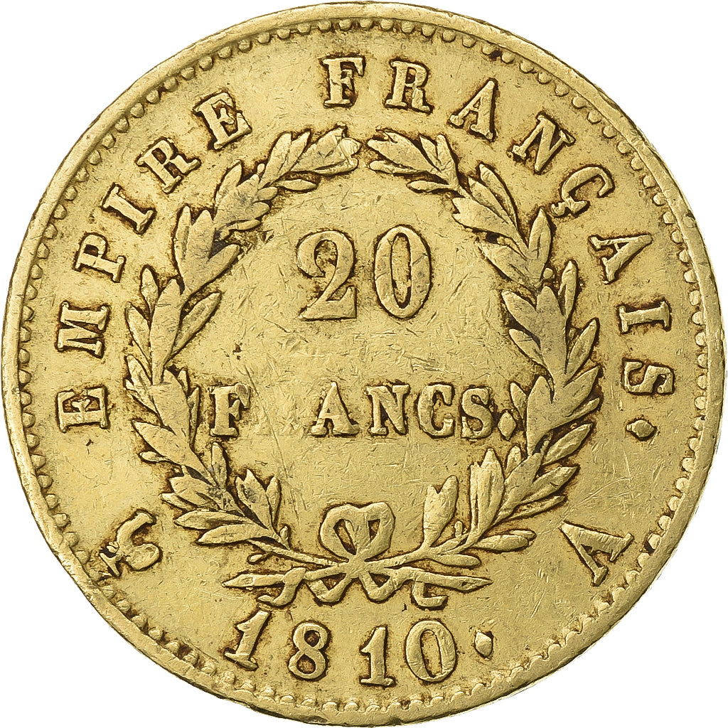 France, Napoléon I, 20 Francs, 1810, Paris, error struck thru, Or, TTB
