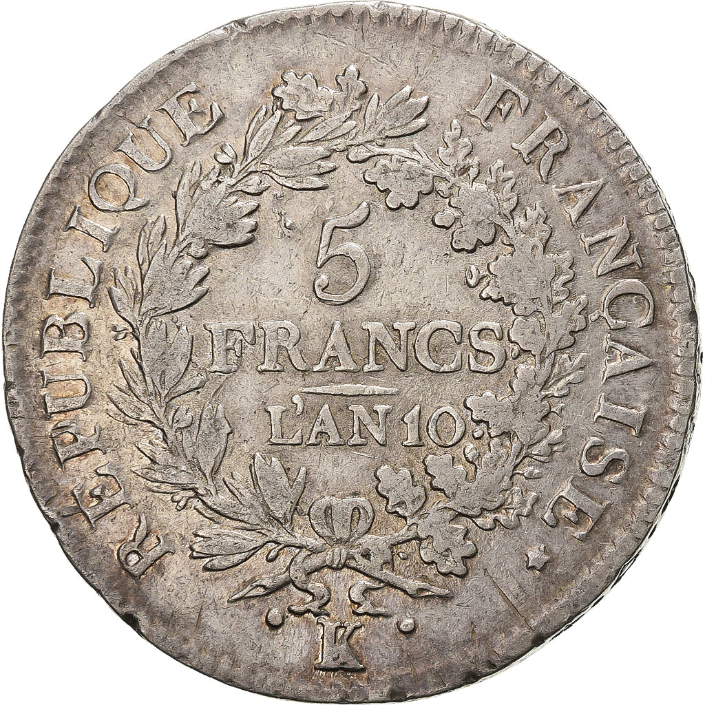 France, 5 Francs, Union et Force, An 10, Bordeaux, Silver, VF(30-35)
