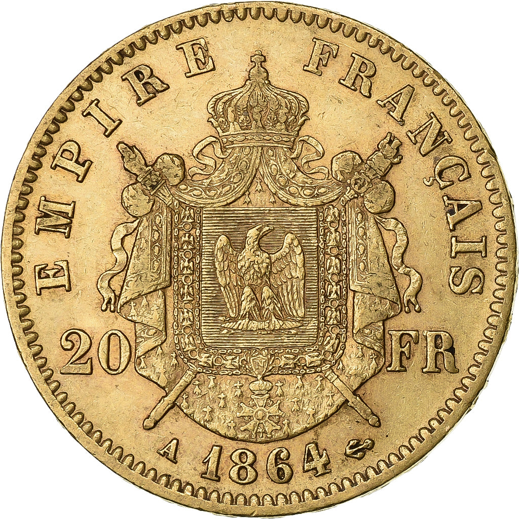 France, Napoléon III, 20 Francs, Laureate head, 1864, Paris, Or, TTB+