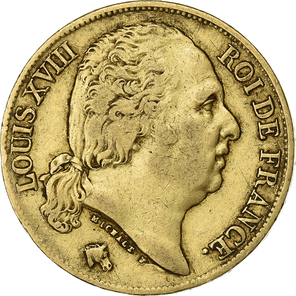 Francja, Louis XVIII, 20 Francs, 1818, Lille, Złoto, EF(40-45), Gadoury:1028