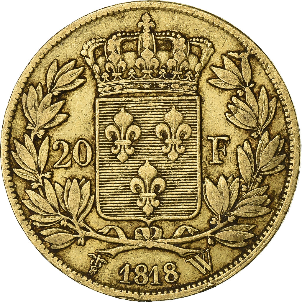 Francja, Louis XVIII, 20 Francs, 1818, Lille, Złoto, EF(40-45), Gadoury:1028
