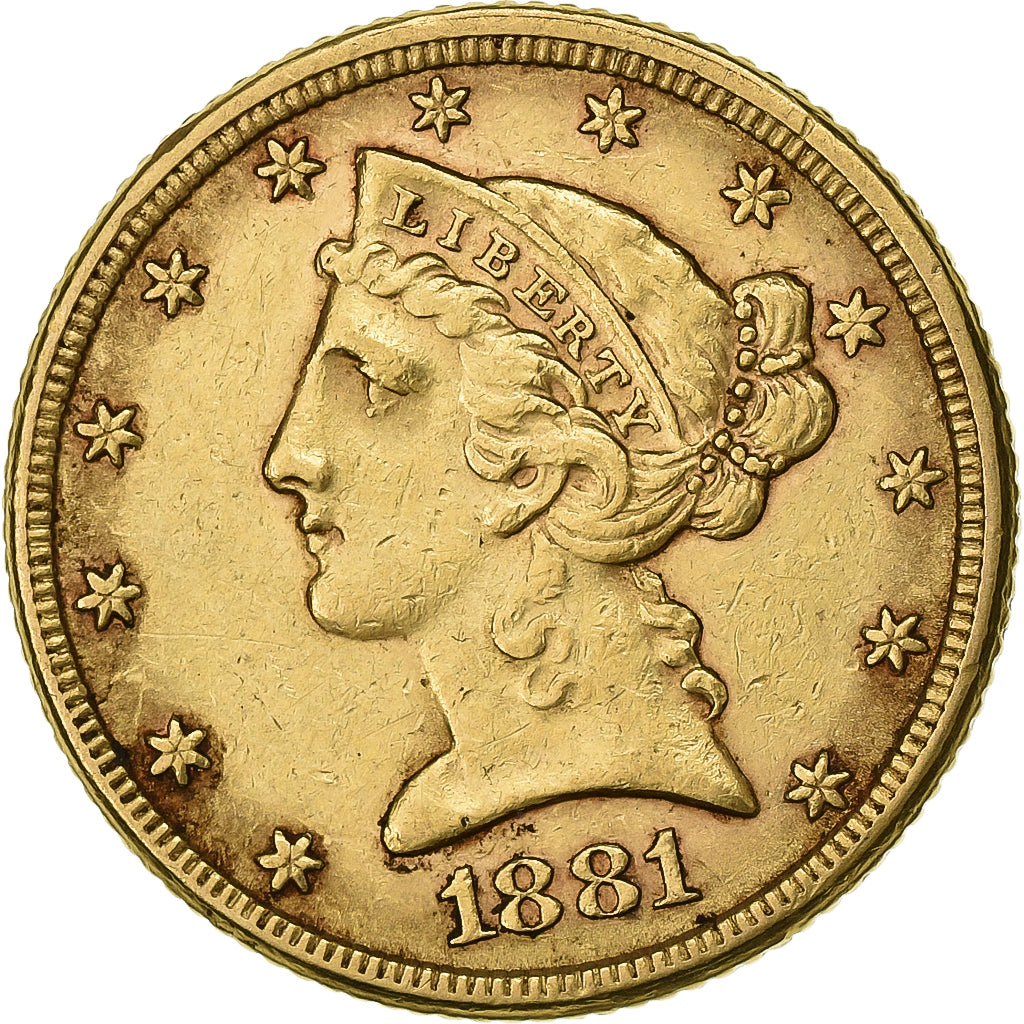 USA, 5 Dollars, Coronet Head, 1881, Philadelphia, Złoto, AU(50-53), KM:101