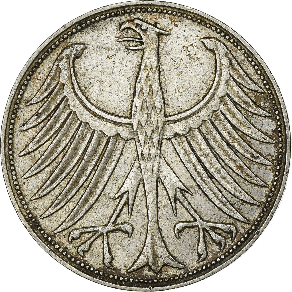 ALEMANIA - REPÚBLICA FEDERAL, 5 Deutsche Mark, 1957, Karlsruhe, Plata, MBC+