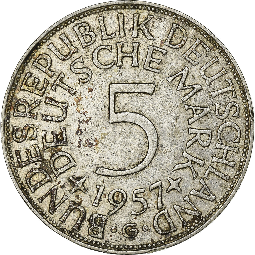 ALEMANIA - REPÚBLICA FEDERAL, 5 Deutsche Mark, 1957, Karlsruhe, Plata, MBC+
