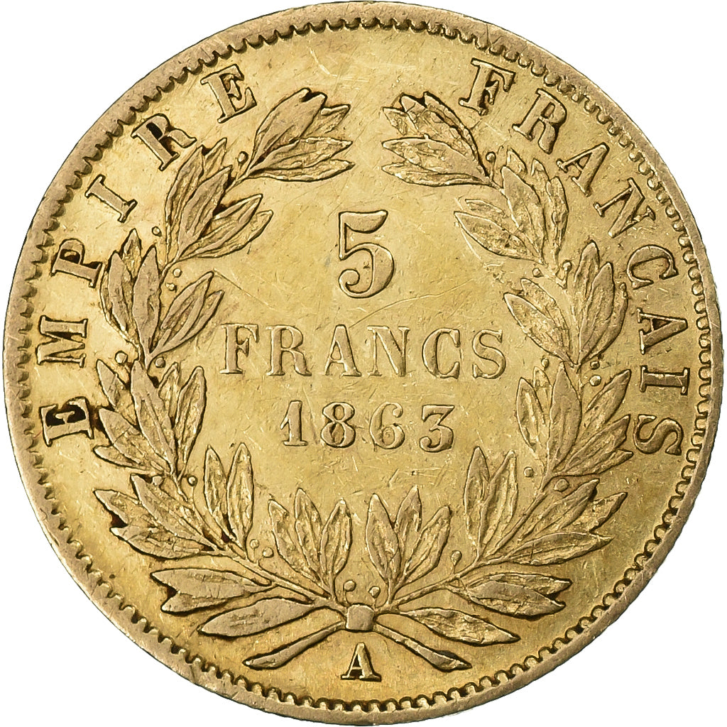 França, Napoleon III, 5 Francs, Laureate head, 1863, Paris, Dourado, EF(40-45)