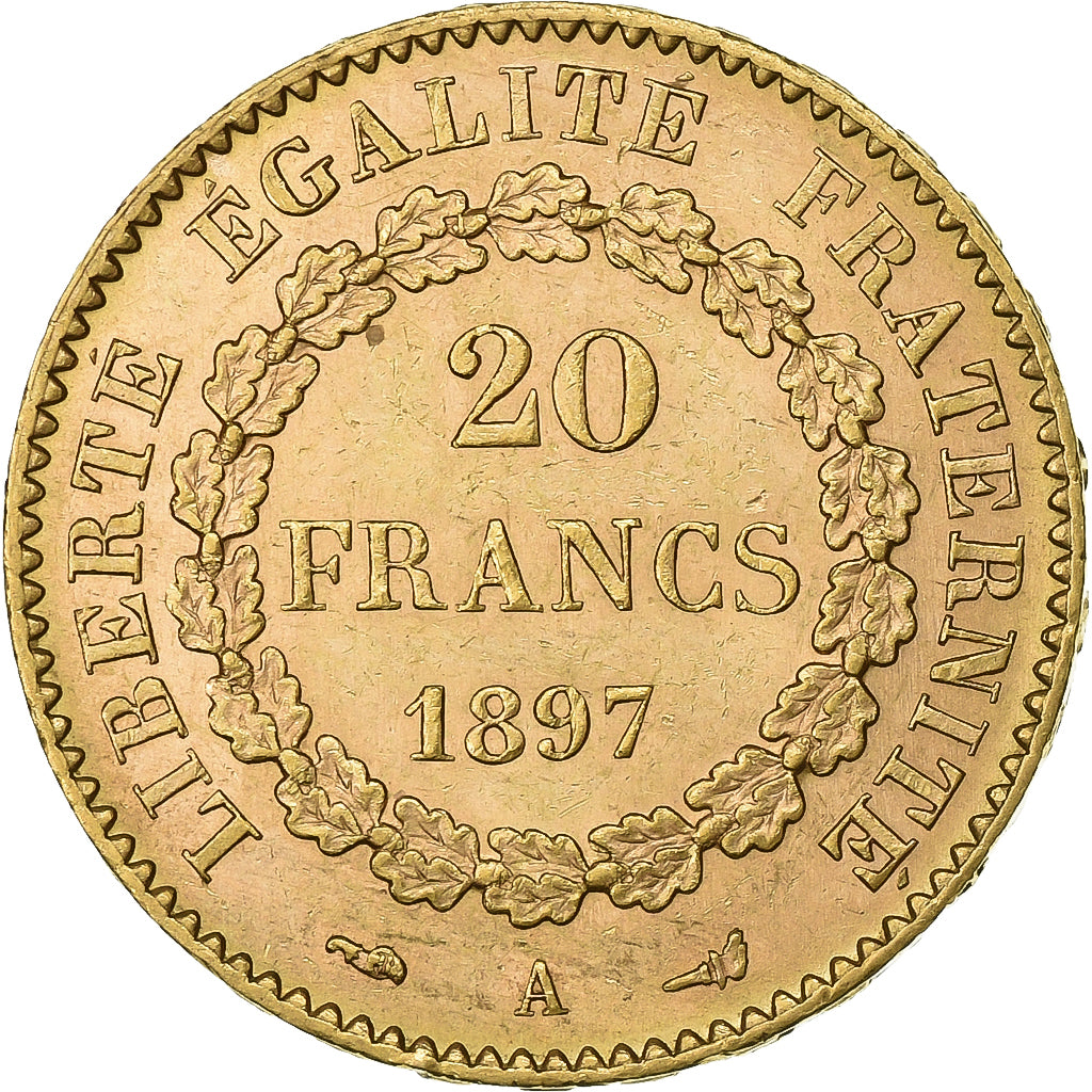 Francja, 20 Francs, Genius, 1897, Paris, Złoto, AU(55-58), Gadoury:1063, KM:825