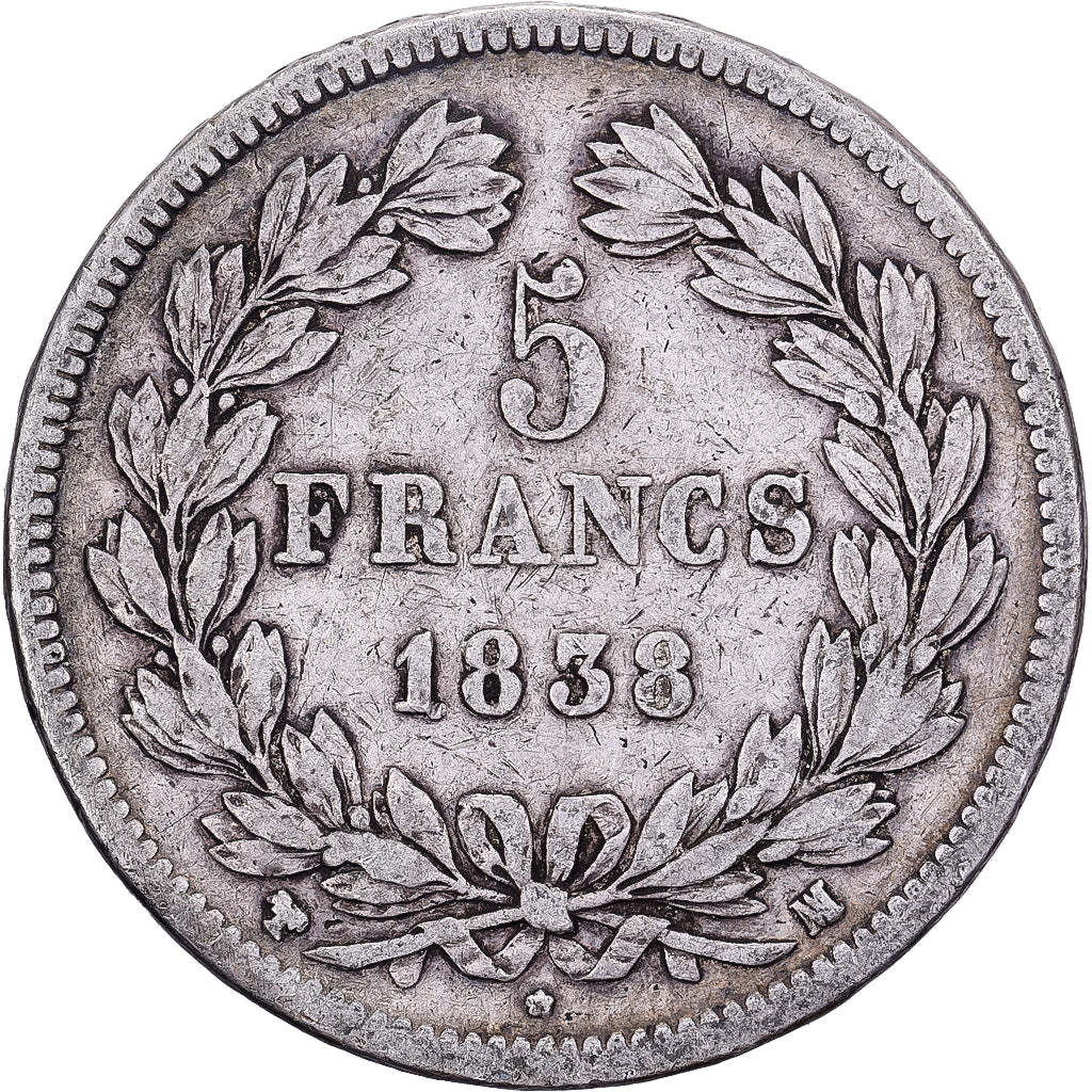 Francia, Louis Philippe I, 5 Francs, 1838, Marseille, Plata, BC+, Gadoury:678