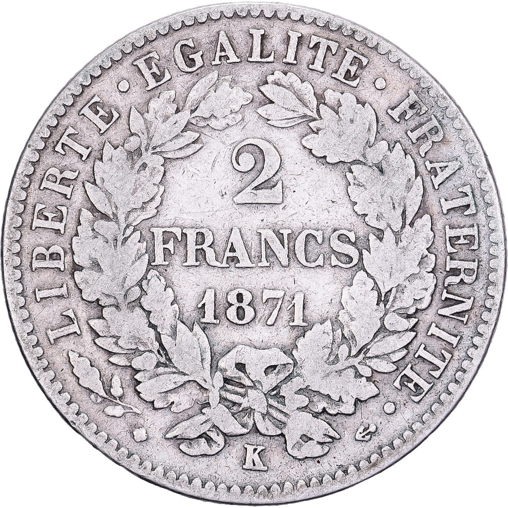 Frankrijk, 2 Francs, Cérès, 1871, Bordeaux, Large K, Zilver, FR, Gadoury:530