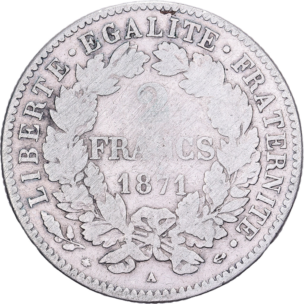 Frankreich, 2 Francs, Cérès, 1871, Paris, Small A, Silber, S, Gadoury:530, Le