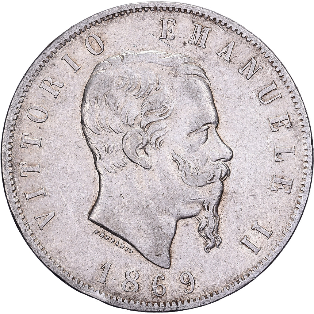 Itália, Vittorio Emanuele II, 5 Lire, 1869, Milan, Prata, EF(40-45), KM:8.4