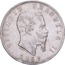 Itália, Vittorio Emanuele II, 5 Lire, 1869, Milan, Prata, EF(40-45), KM:8.4