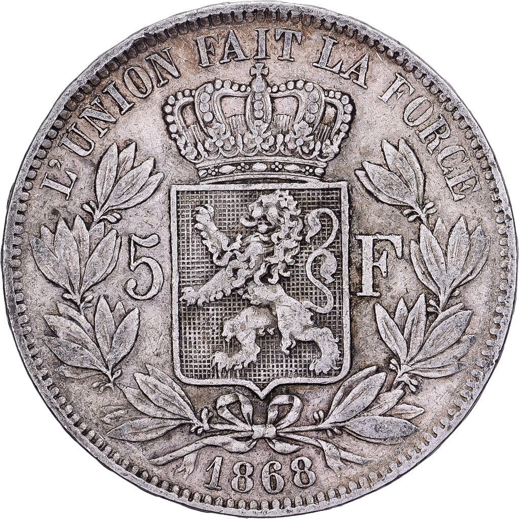 Belgia, Leopold II, 5 Francs, 1868, Brussels, Fautée / Error, Srebro