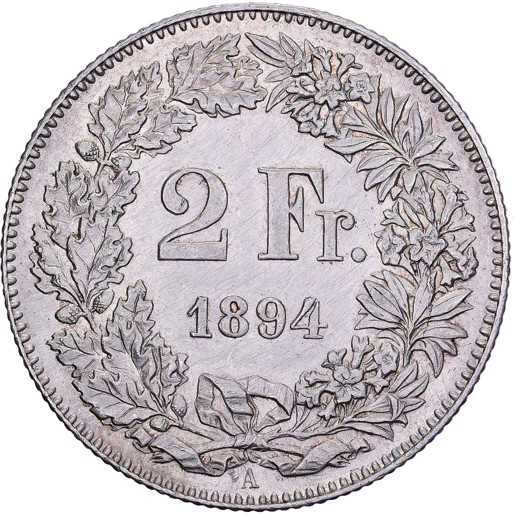 Szwajcaria, 2 Francs, Helvetia, 1894, Bern, Srebro, AU(50-53), KM:21
