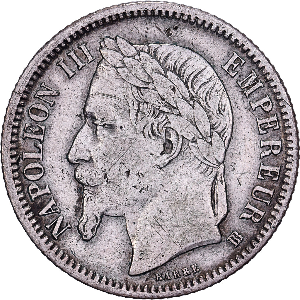 Francia, Napoleon III, Franc, 1867, Strasbourg, Large BB, Plata, BC+