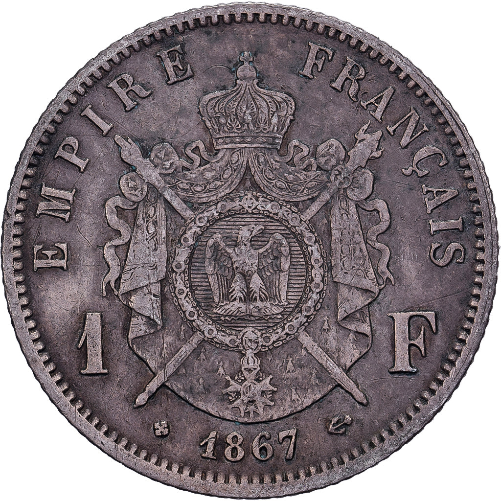 Francia, Napoleon III, Franc, 1867, Strasbourg, Large BB, Plata, BC+