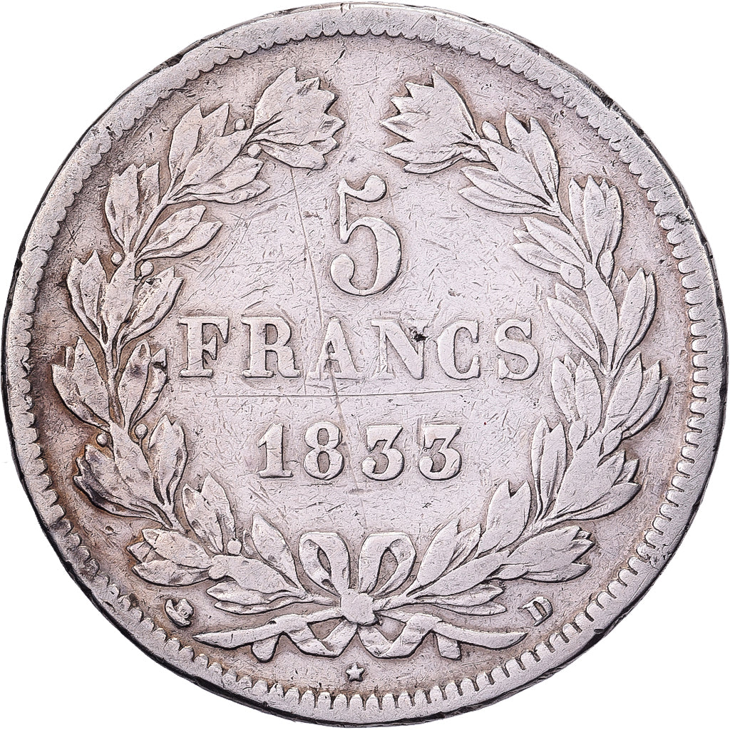 Francia, Louis Philippe I, 5 Francs, 1833, Lyon, Argento, MB+, Gadoury:678, Le