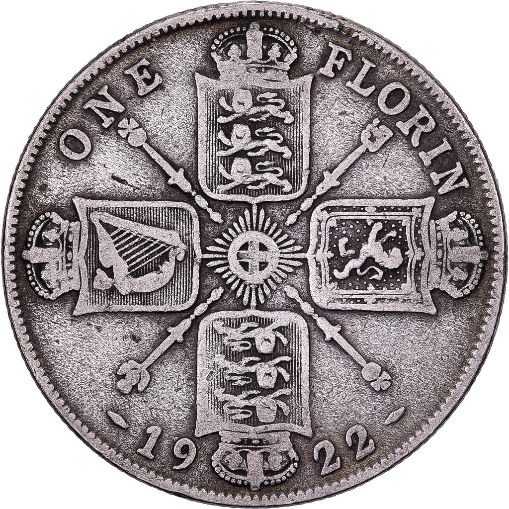 Grã-Bretanha, George V, Florin, 1922, British Royal Mint, Prata, VF(20-25)