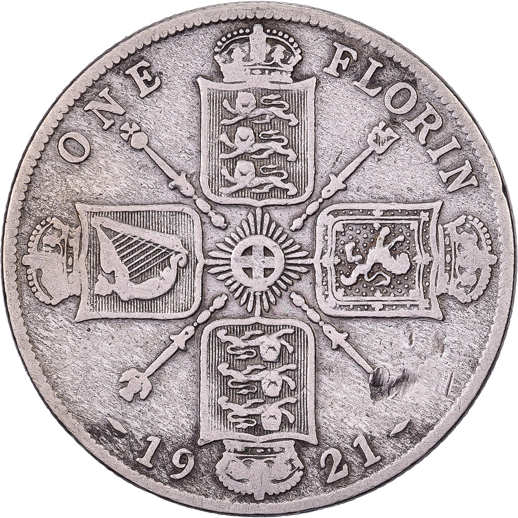Grã-Bretanha, George V, Florin, 1921, British Royal Mint, Prata, F(12-15)