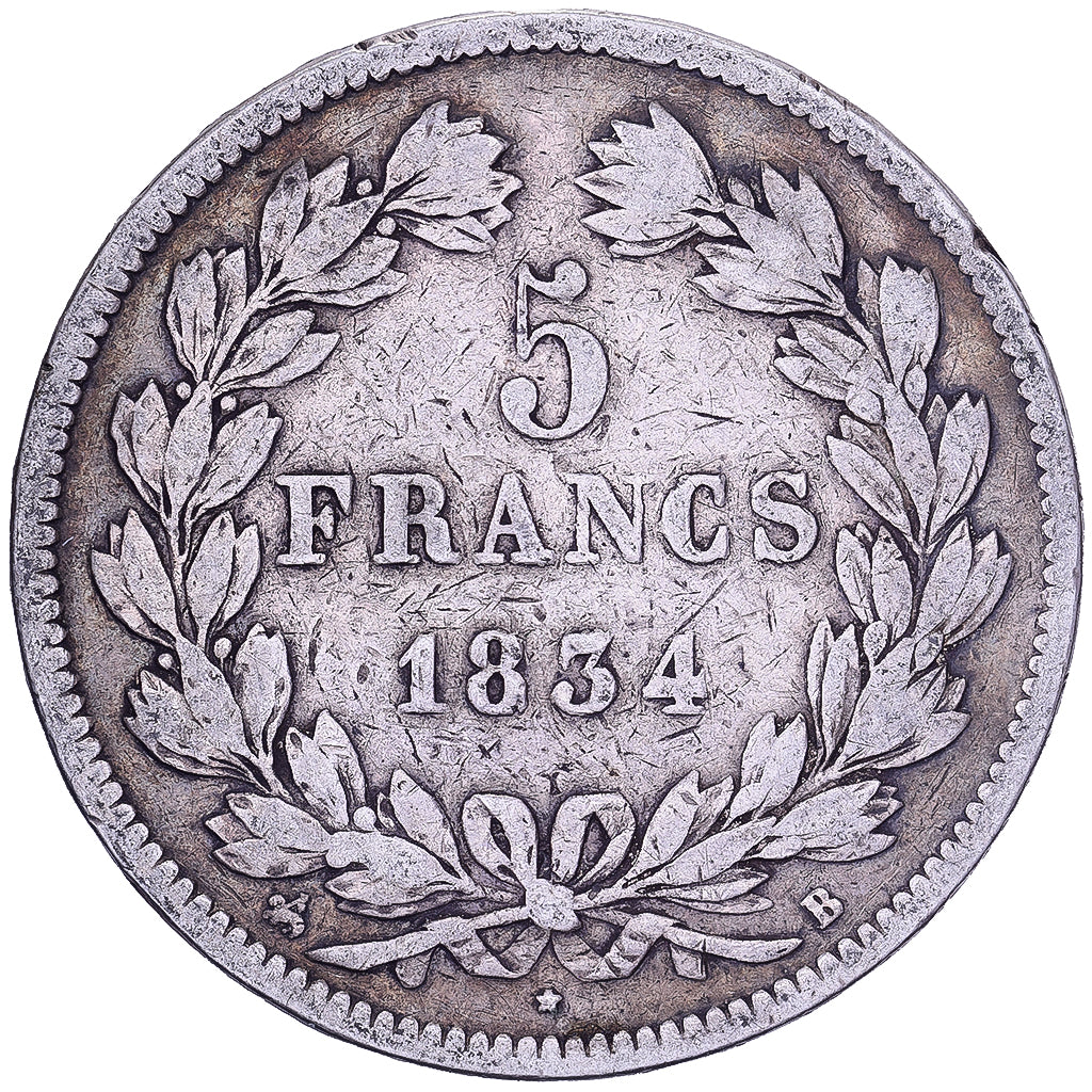 Francja, Louis Philippe I, 5 Francs, 1834, Rouen, Srebro, VF(30-35)