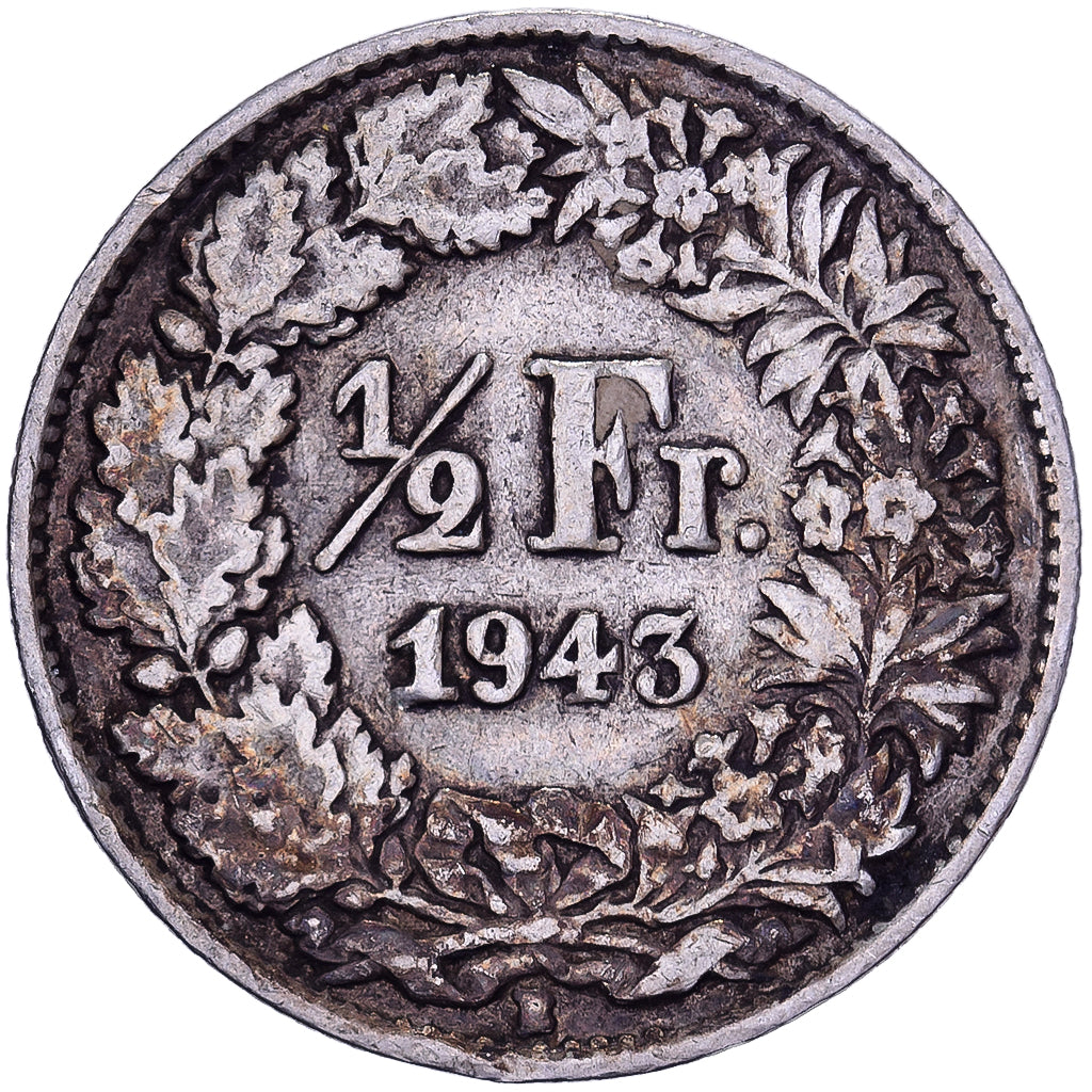 Suiza, 1/2 Franc, Helvetia, 1943, Bern, Plata, MBC, KM:23